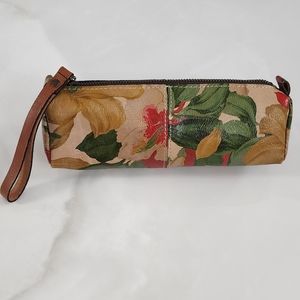 Patricia Nash Leather Floral Oblong Zippered Cosmetic Bag Pouch 9” Makeup